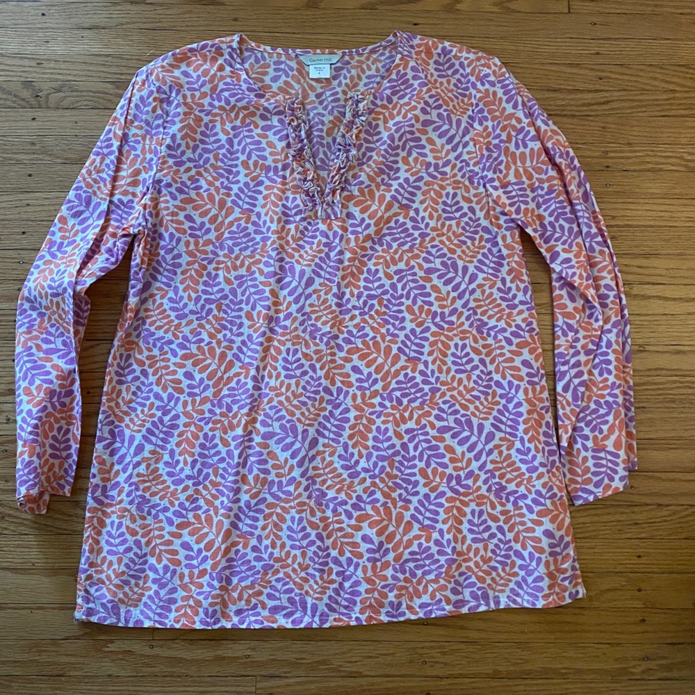 Garnet Hill blouse/short caftan, white w purple/orange floral pattern. Sz 8